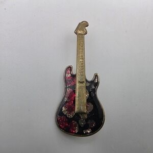 vtg Guitar Pin Brooch Gold Tone Red Black Glitter‎ Musical Instrument Jewelry